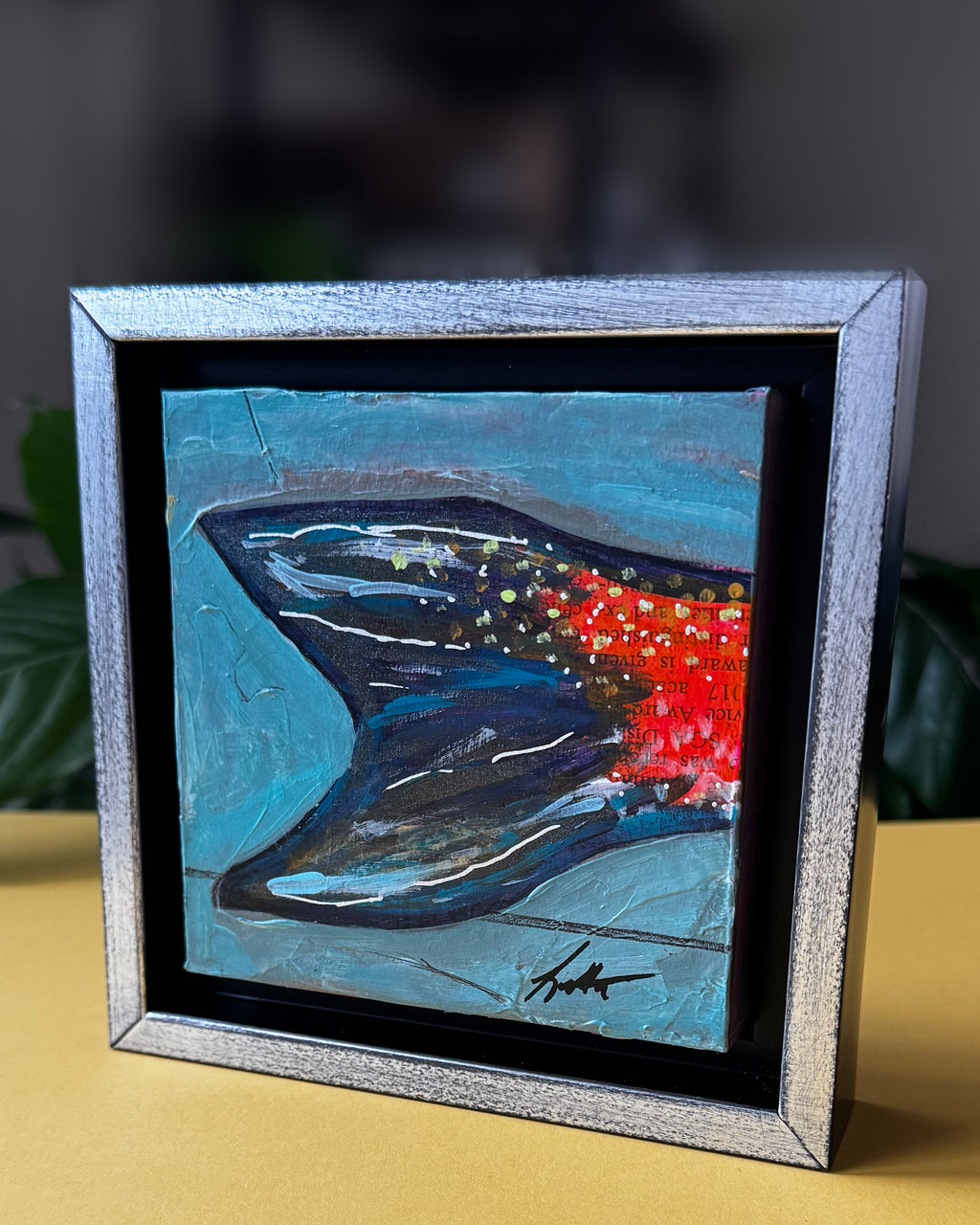 Two in Print framed mixed media fish painting by Loretta Kennedy