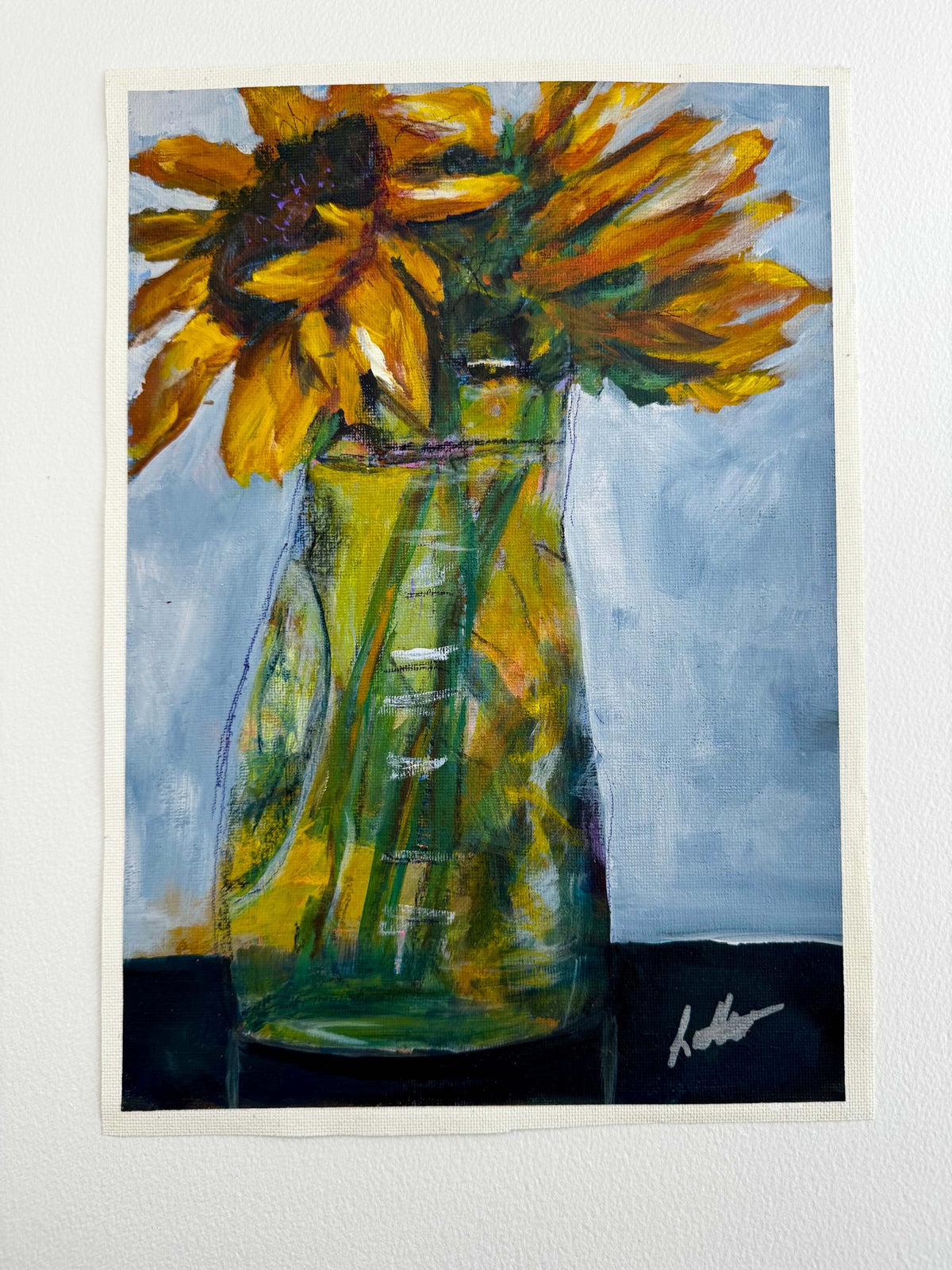 Outgrowing sunflower mixed-media painting on unstretched canvas