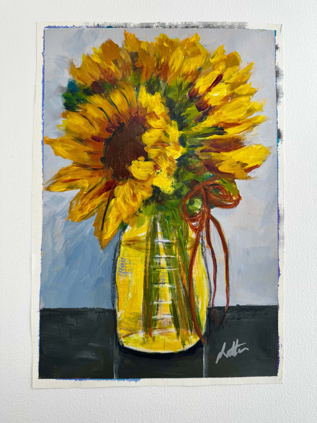 Outgrowing sunflower mixed-media painting on unstretched canvas