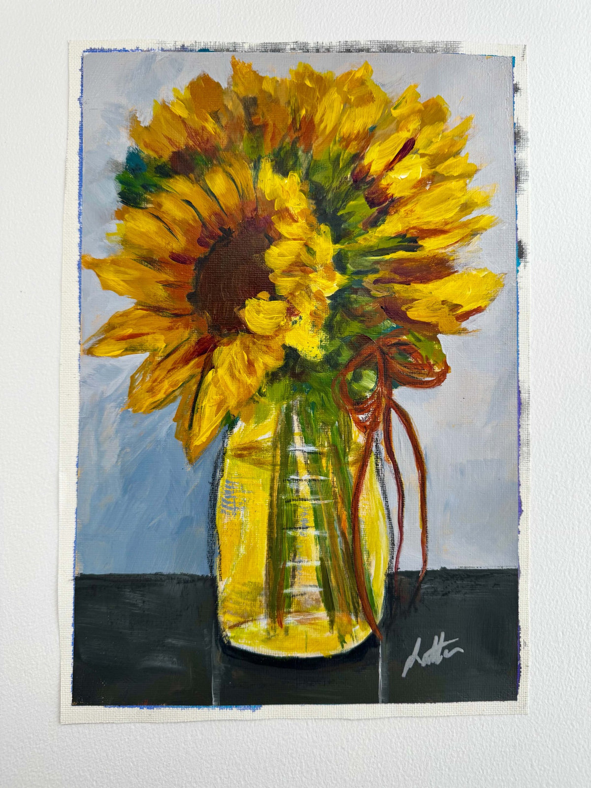 Outgrowing sunflower mixed-media painting on unstretched canvas