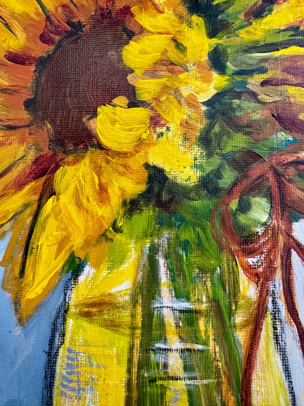 Outgrowing sunflower mixed-media painting detail