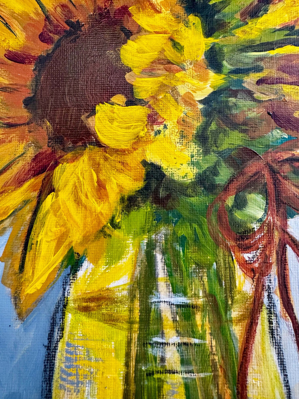 Outgrowing sunflower mixed-media painting detail