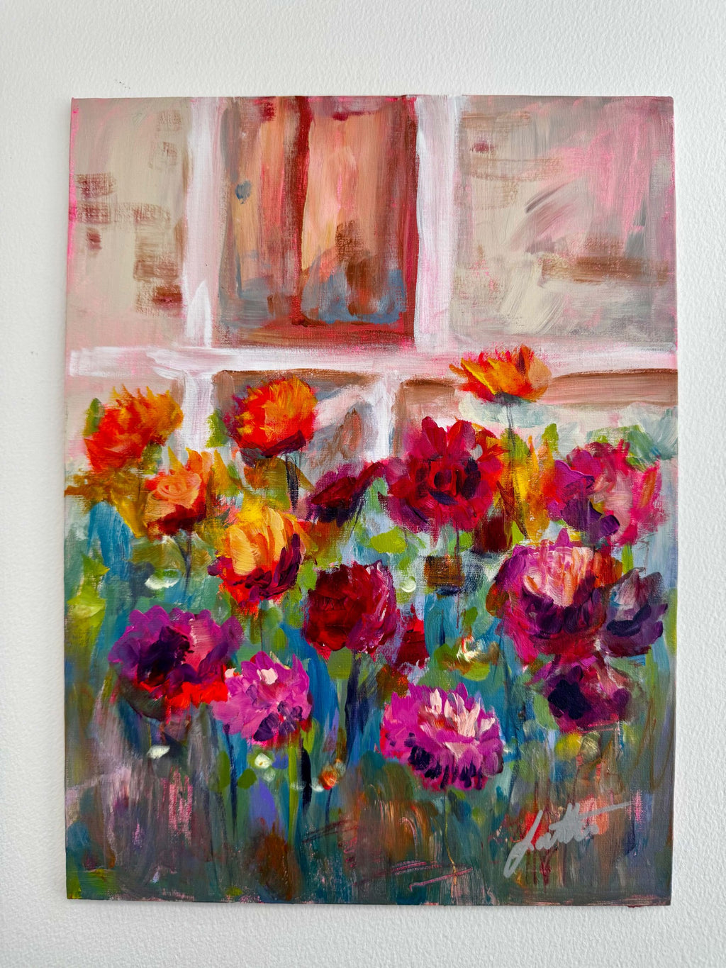 Outgrowing acrylic flower garden painting on panel