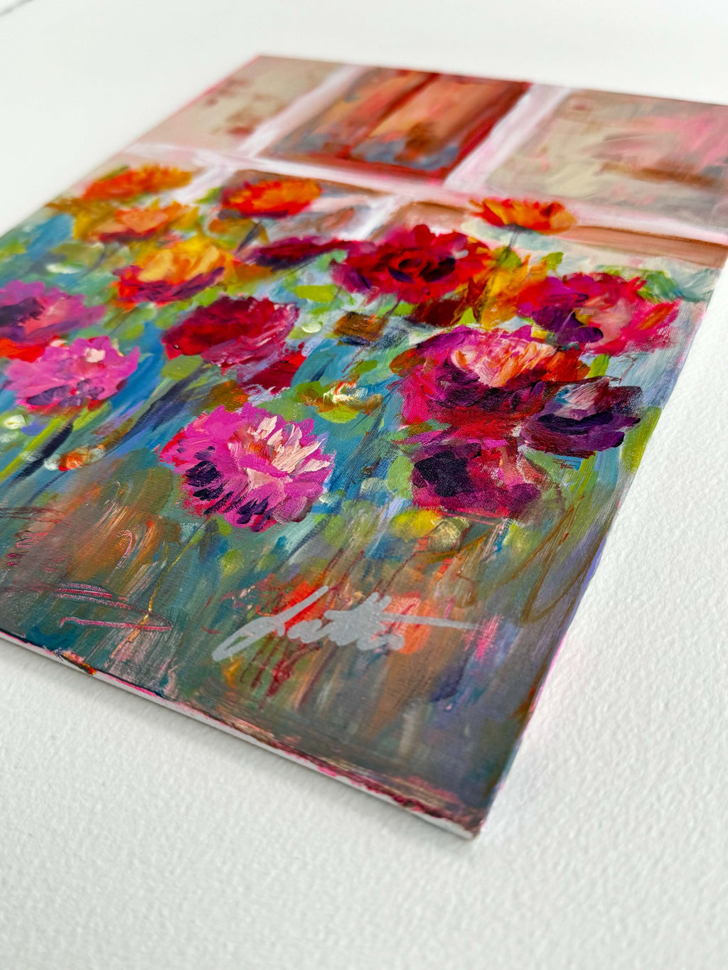Outgrowing acrylic flower garden painting angle and surface detail