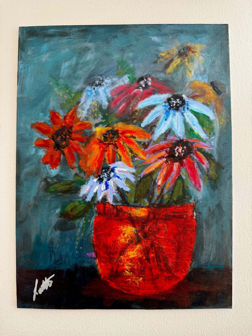 Outgrowing mixed-media floral painting with red vase on panel