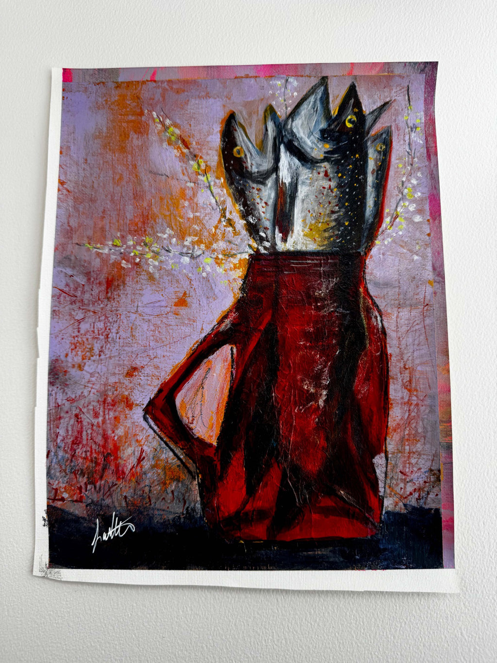 Not Everyone Likes Flowers original mixed-media painting with fish in a red vase