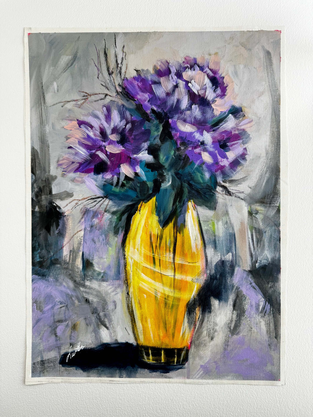 Outgrowing mixed-media floral painting with purple flowers in a yellow vase