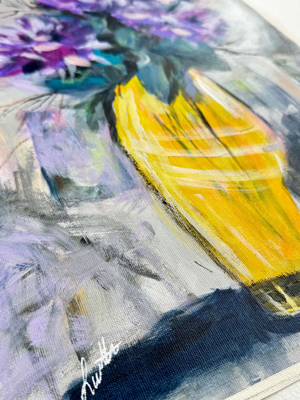 Outgrowing yellow vase and charcoal surface detail