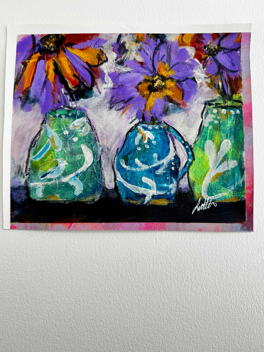 Outgrowing original mixed-media floral painting with three patterned vases