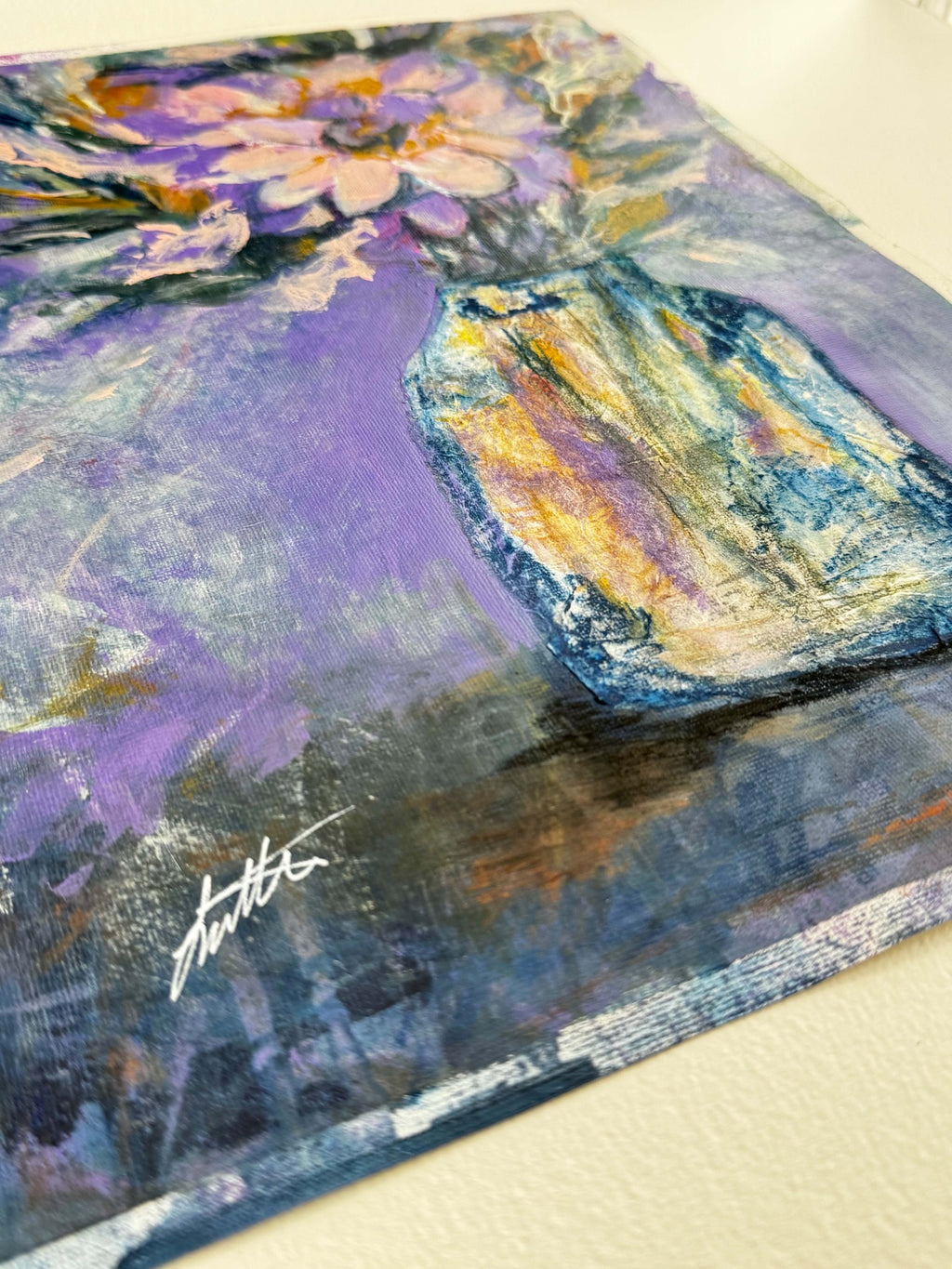 She Kept Adding Flowers unstretched canvas and surface detail