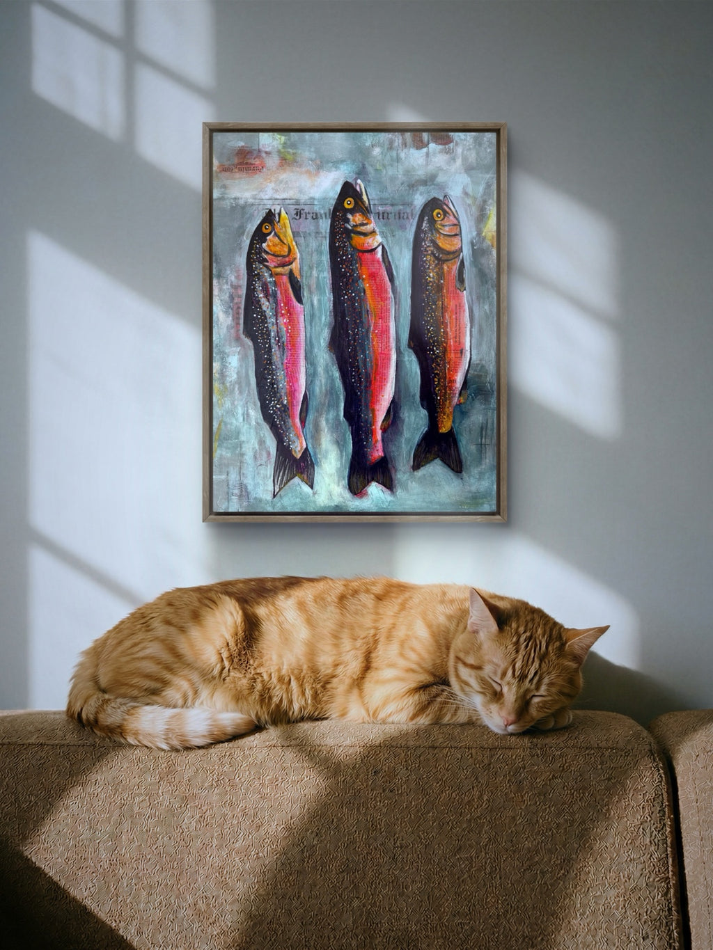 Caught in Print, 20 by 24 inch mixed media fish painting on birch panel by Loretta Kennedy