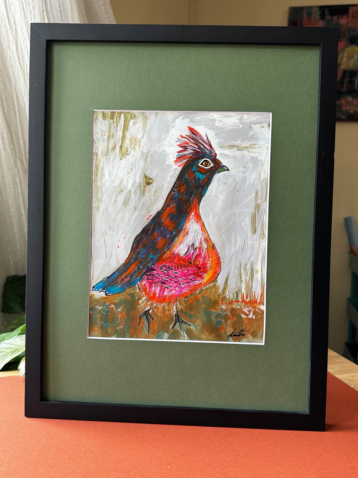 Enough On Her Own, framed mixed media partridge painting by Loretta Kennedy