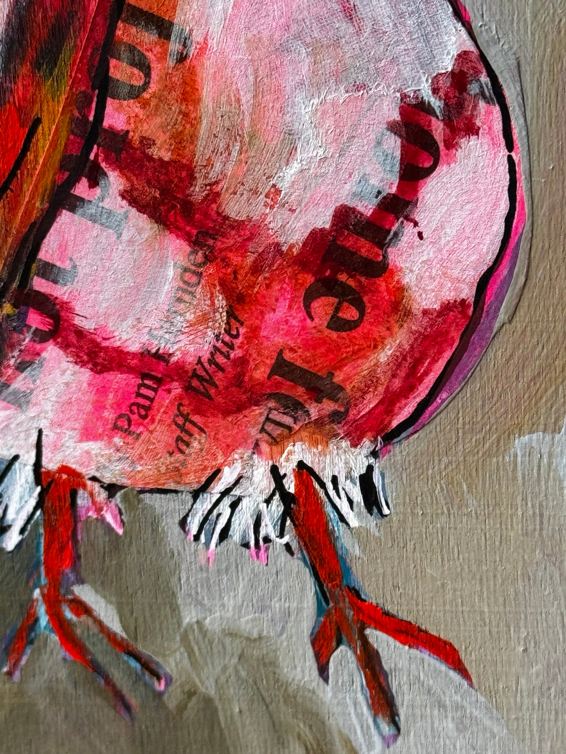 Detail view of Partridge Field Note Margaret showing collage and painted surface