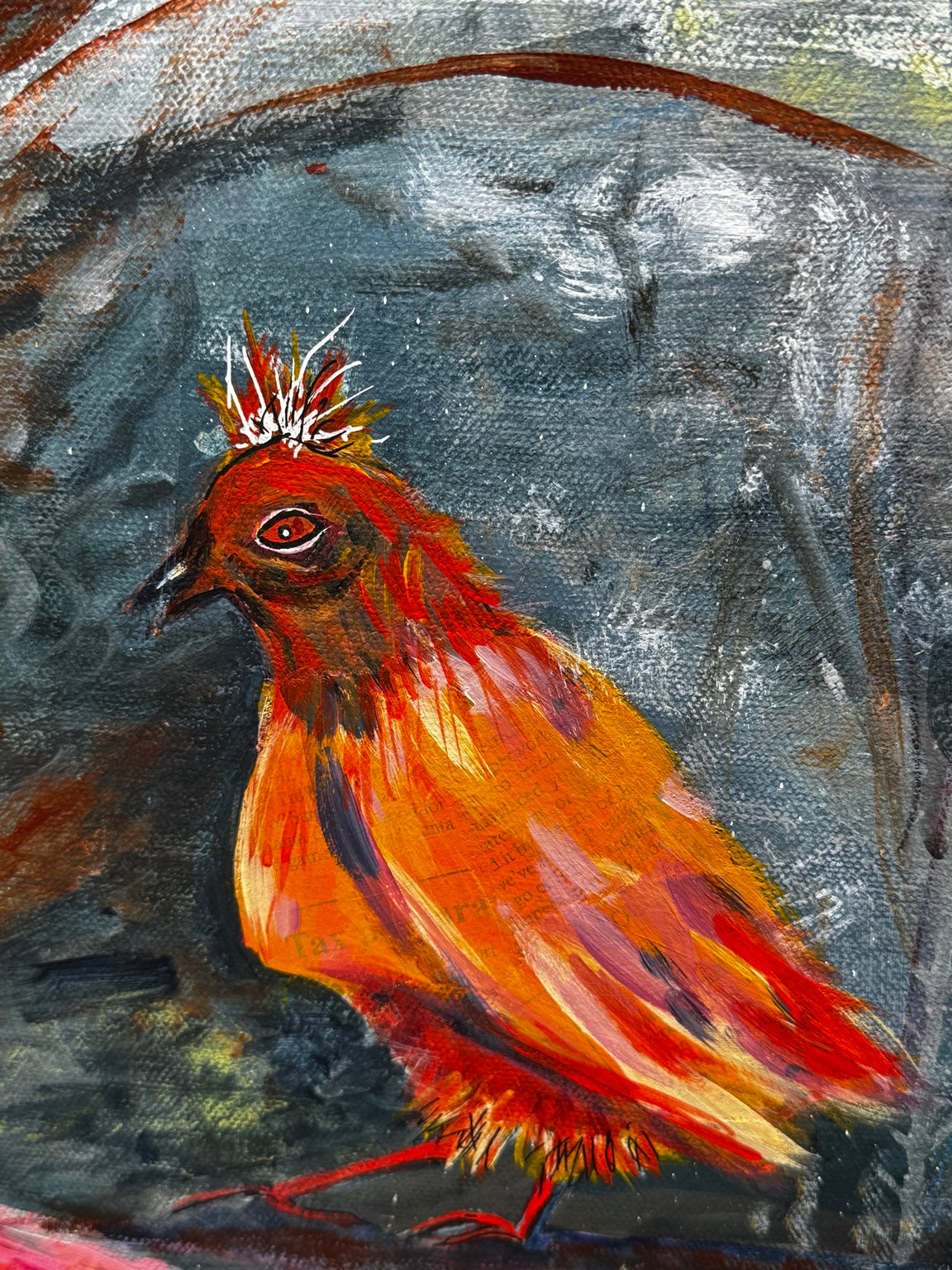 Detail of orange partridge in She Never Demanded They Follow by Loretta Kennedy