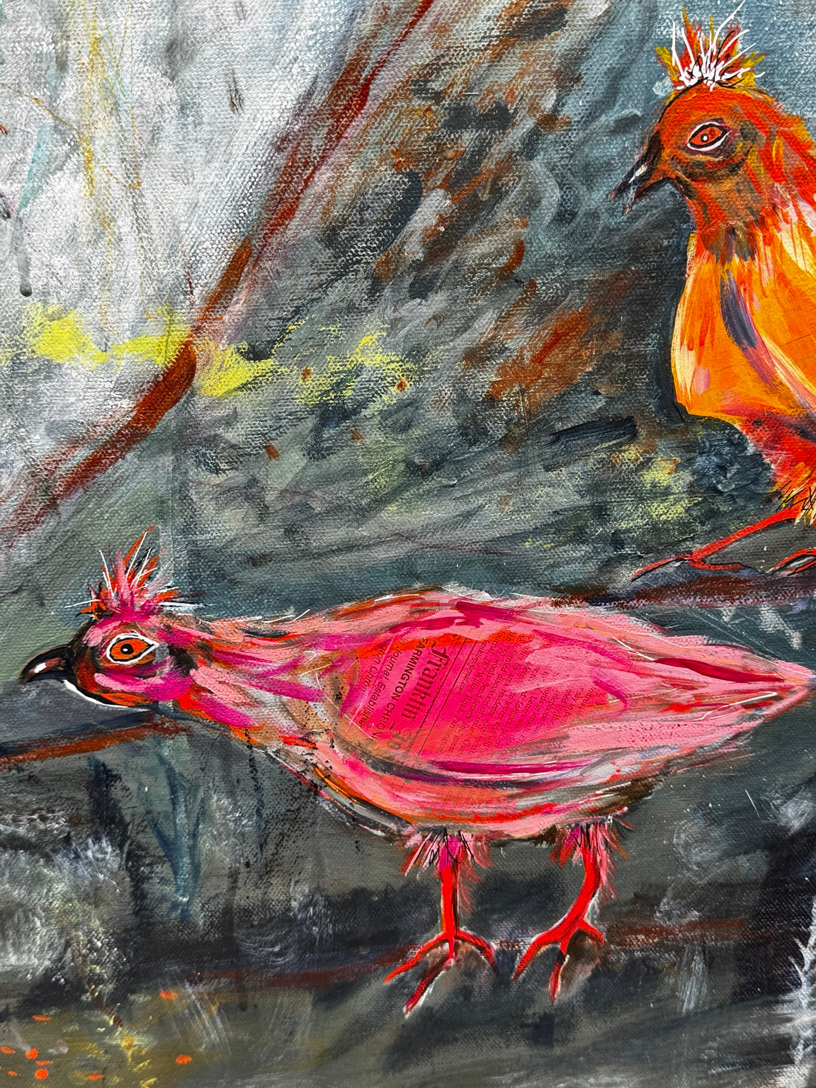 Detail of pink partridge in She Never Demanded They Follow by Loretta Kennedy