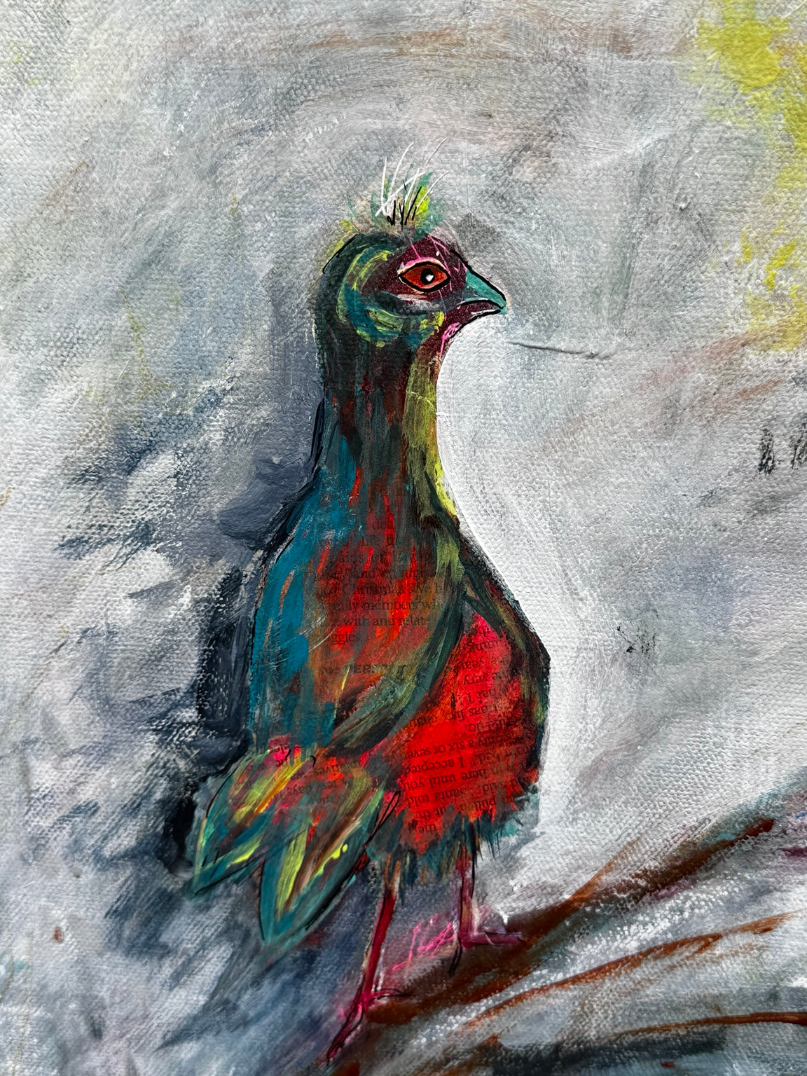Detail of teal partridge in She Never Demanded They Follow by Loretta Kennedy