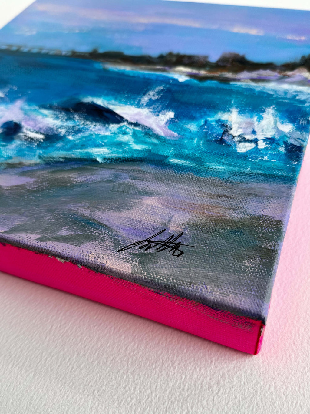 Angled view of Still Coming In showing the gallery-wrapped canvas edge