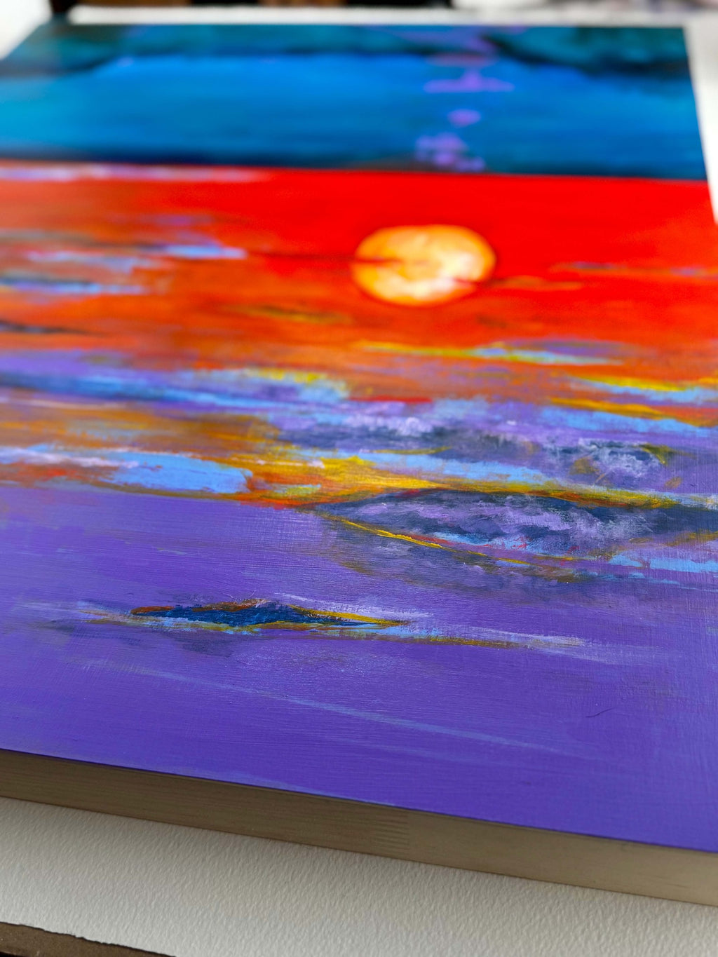 Angled detail of Sunset at Jockey’s Ridge showing painted surface and edge