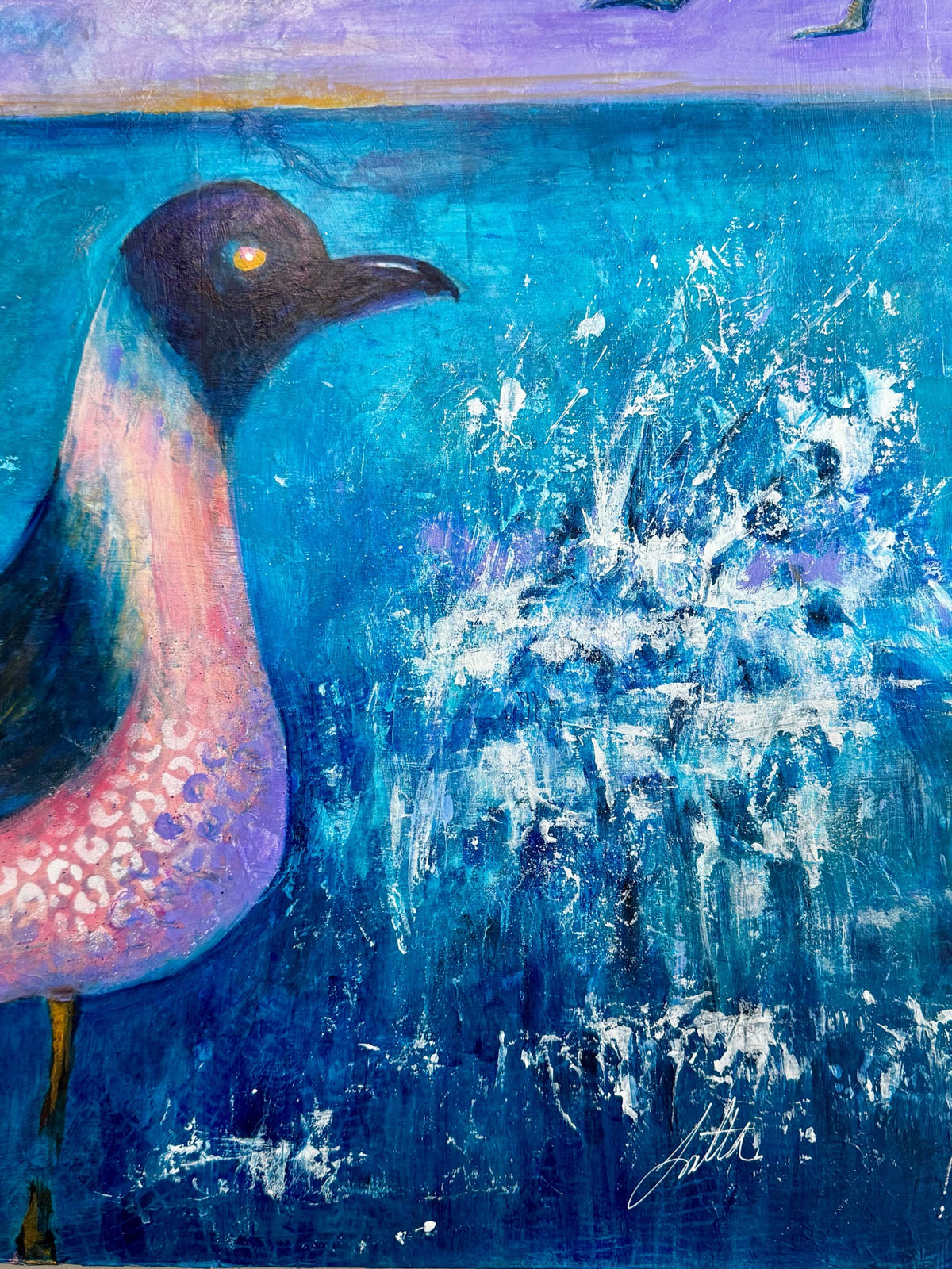 Closer view of Town Birdie mixed-media painting