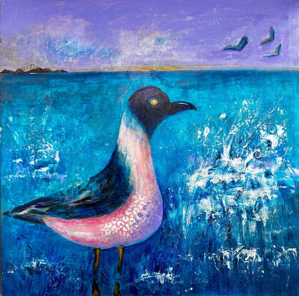 Town Birdie original mixed-media painting by Loretta Kennedy