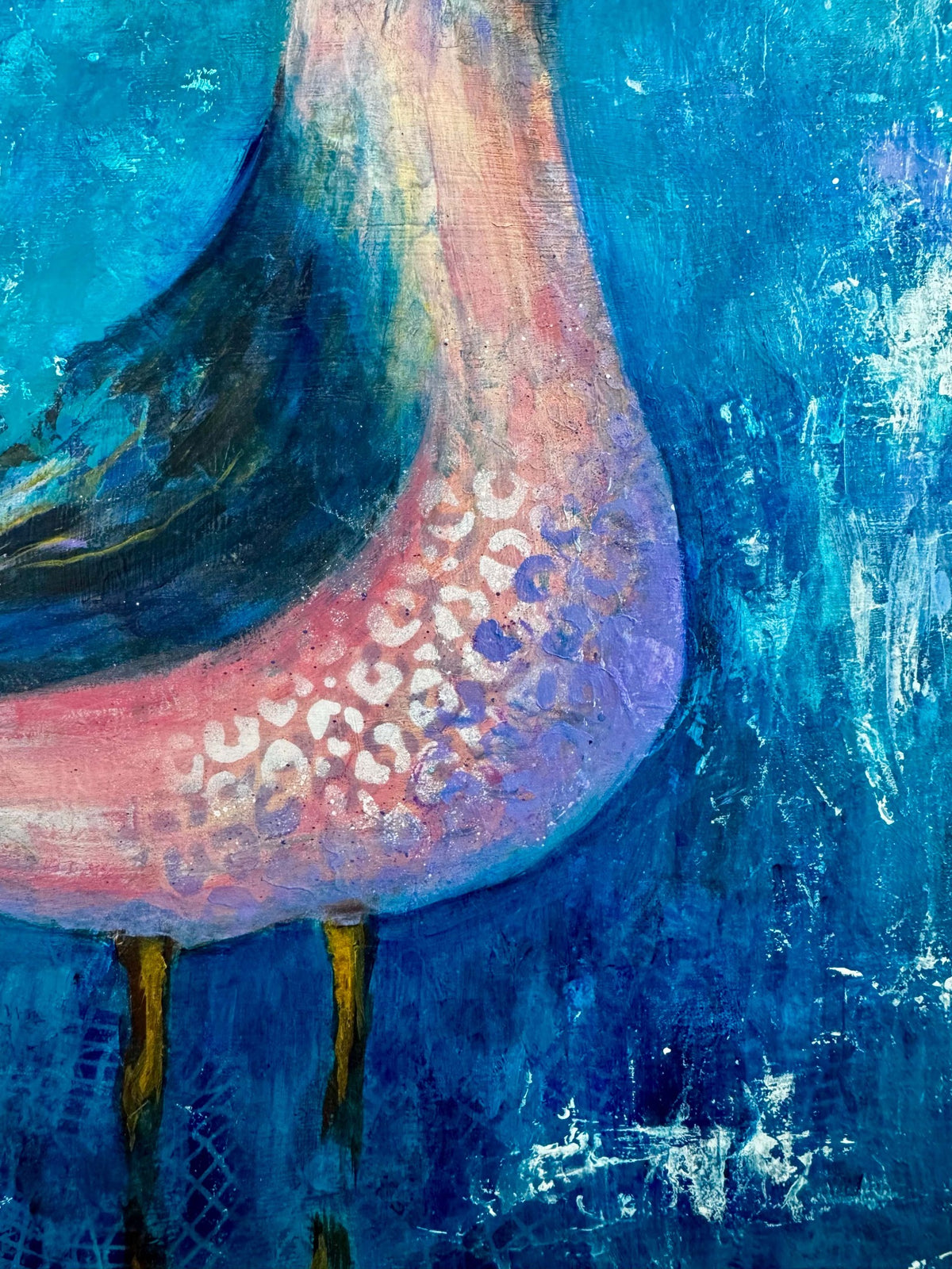 Detail of pink leopard-spotted bird and layered texture in Town Birdie