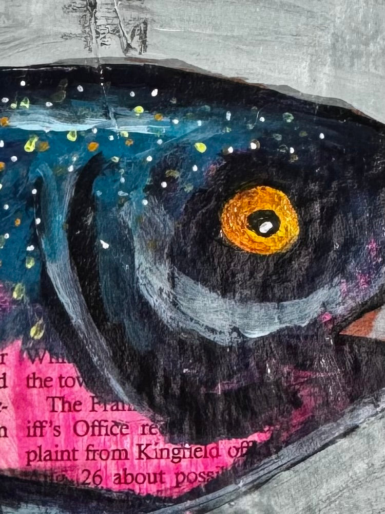 Detail of Two in Print mixed media fish painting showing newspaper collage and painted surface