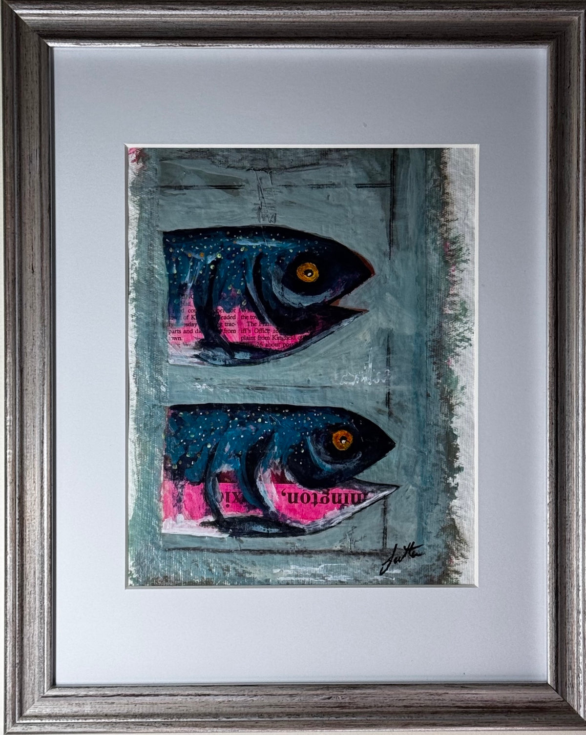 Two in Print framed mixed media fish painting by Loretta Kennedy