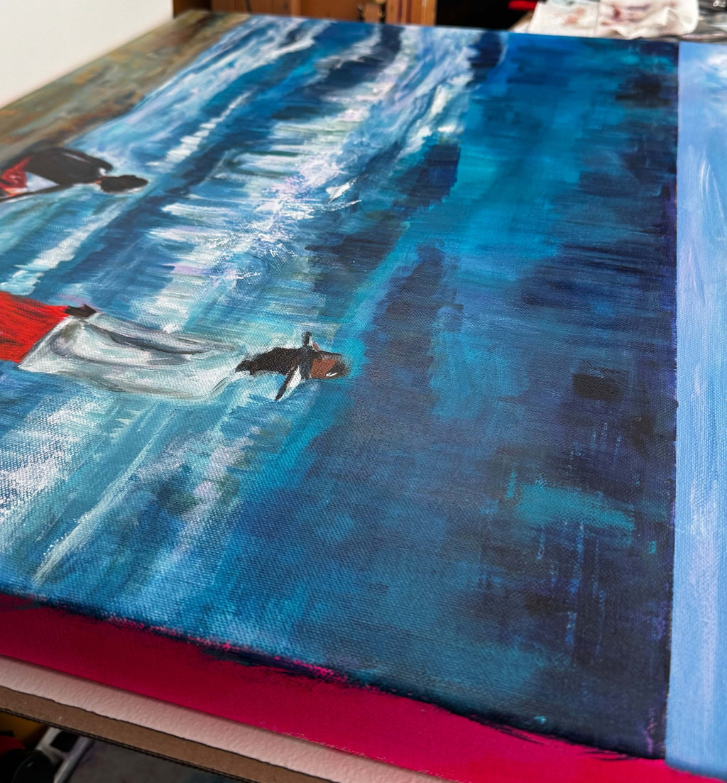 Angled view of Windy. Windy. Windy. showing the gallery-wrapped canvas and painted edge