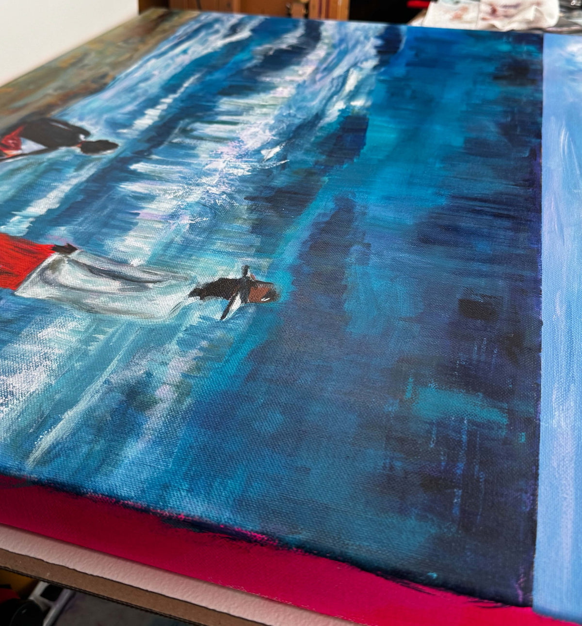 Angled view of Windy. Windy. Windy. showing the gallery-wrapped canvas and painted edge