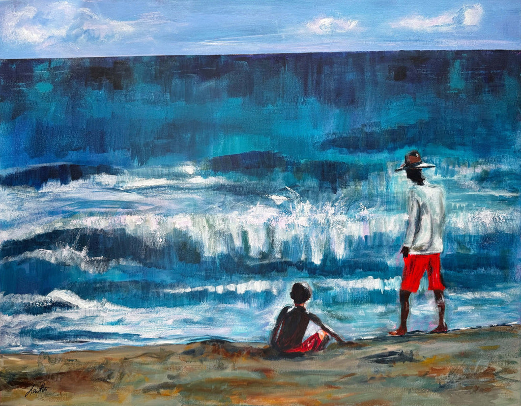 Windy. Windy. Windy., original Kitty Hawk father and son ocean painting by Loretta Kennedy